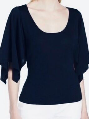 Lewit Dark Navy Short Split Sleeve Scoop Neck Top with Back Tie Size Medium